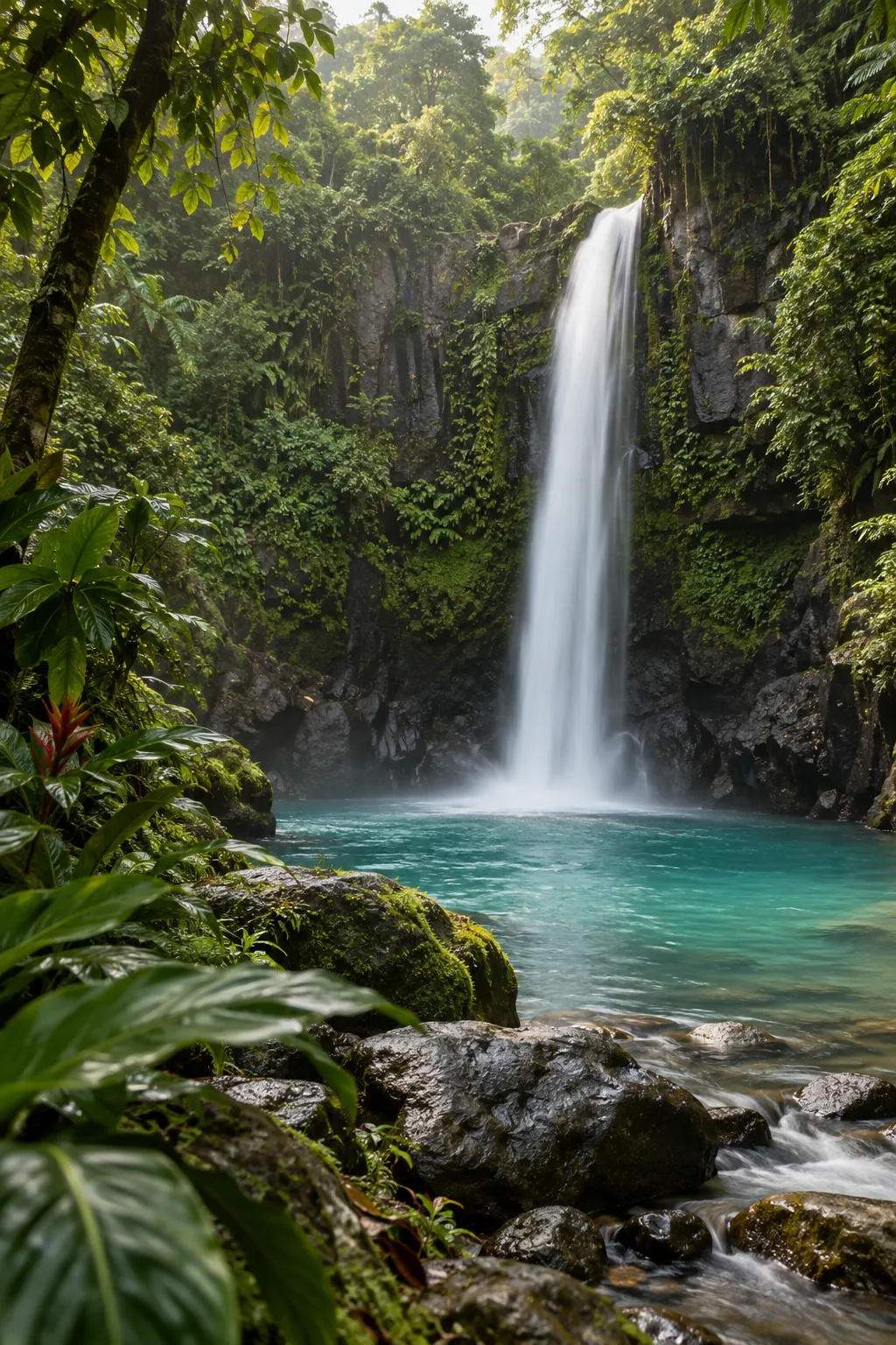 Waterfall and turquoise pool in the Costa Rican rainforest